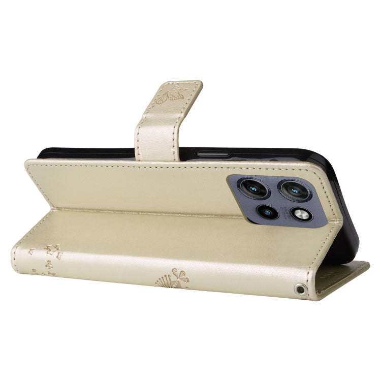For Motorola Edge 50 Neo Tree & Cat Embossed Pattern Flip Leather Phone Case(Gold)