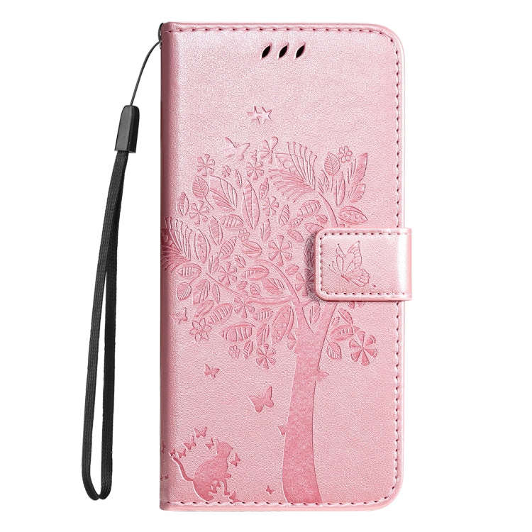 For Motorola Edge 50 Neo Tree & Cat Embossed Pattern Flip Leather Phone Case(Rose Gold)