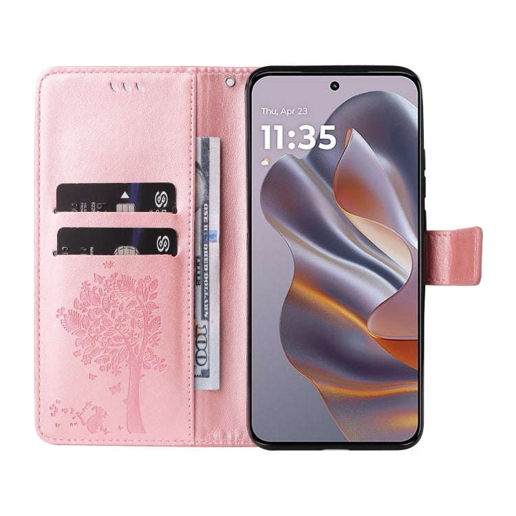 For Motorola Edge 50 Neo Tree & Cat Embossed Pattern Flip Leather Phone Case(Rose Gold)