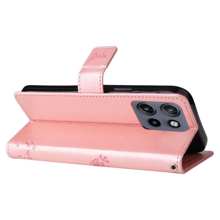 For Motorola Edge 50 Neo Tree & Cat Embossed Pattern Flip Leather Phone Case(Rose Gold)