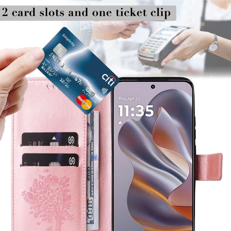 For Motorola Edge 50 Neo Tree & Cat Embossed Pattern Flip Leather Phone Case(Rose Gold)