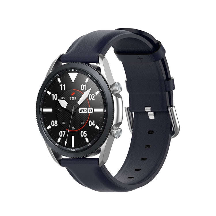 For Galaxy Watch 3 45mm Round Tail Leather Watch Band, Size: Free Size 22mm(Navy Blue)