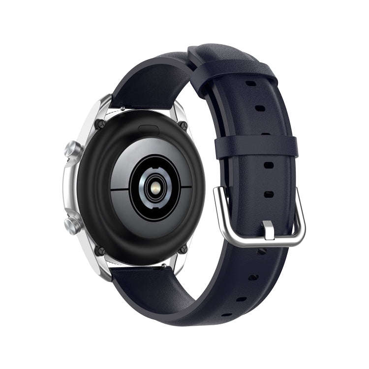 For Galaxy Watch 3 45mm Round Tail Leather Watch Band, Size: Free Size 22mm(Navy Blue)