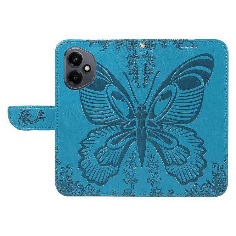 For Honor 400 Global 156.5mm Swallowtail Butterfly Embossed Leather Phone Case(Blue)