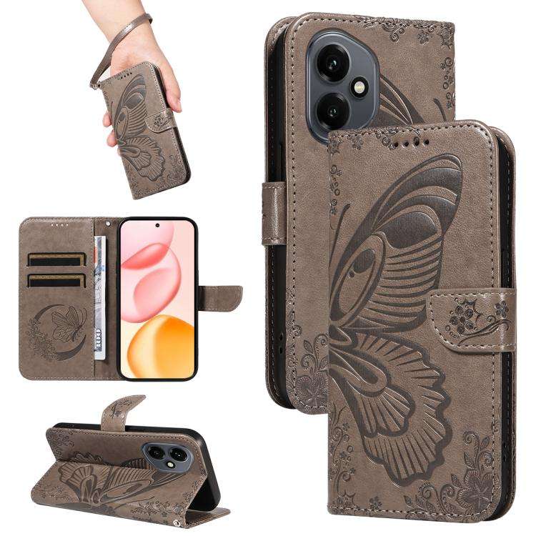 For Honor 400 Global 156.5mm Swallowtail Butterfly Embossed Leather Phone Case(Grey)