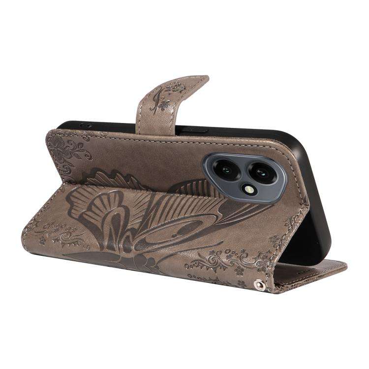 For Honor 400 Global 156.5mm Swallowtail Butterfly Embossed Leather Phone Case(Grey)