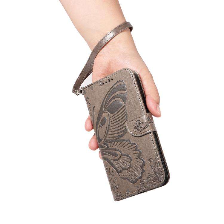 For Honor 400 Global 156.5mm Swallowtail Butterfly Embossed Leather Phone Case(Grey)