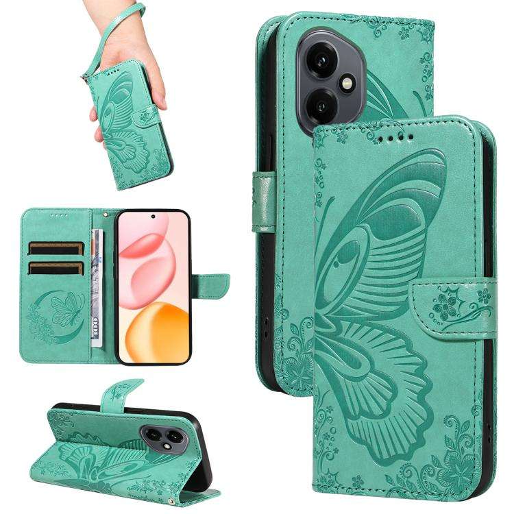 For Honor 400 Global 156.5mm Swallowtail Butterfly Embossed Leather Phone Case(Green)