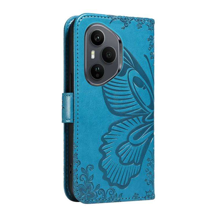 For Honor 400 Pro Global 160.8mm Swallowtail Butterfly Embossed Leather Phone Case(Blue)