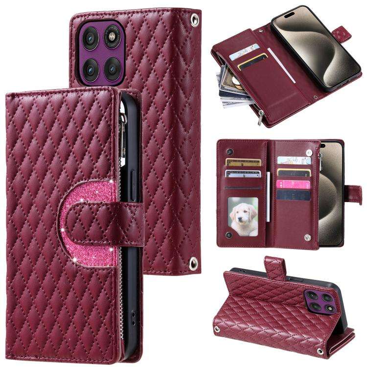 For Motorola Edge 60 Pro Glitter Lattice Zipper Wallet Leather Phone Case(Wine Red)