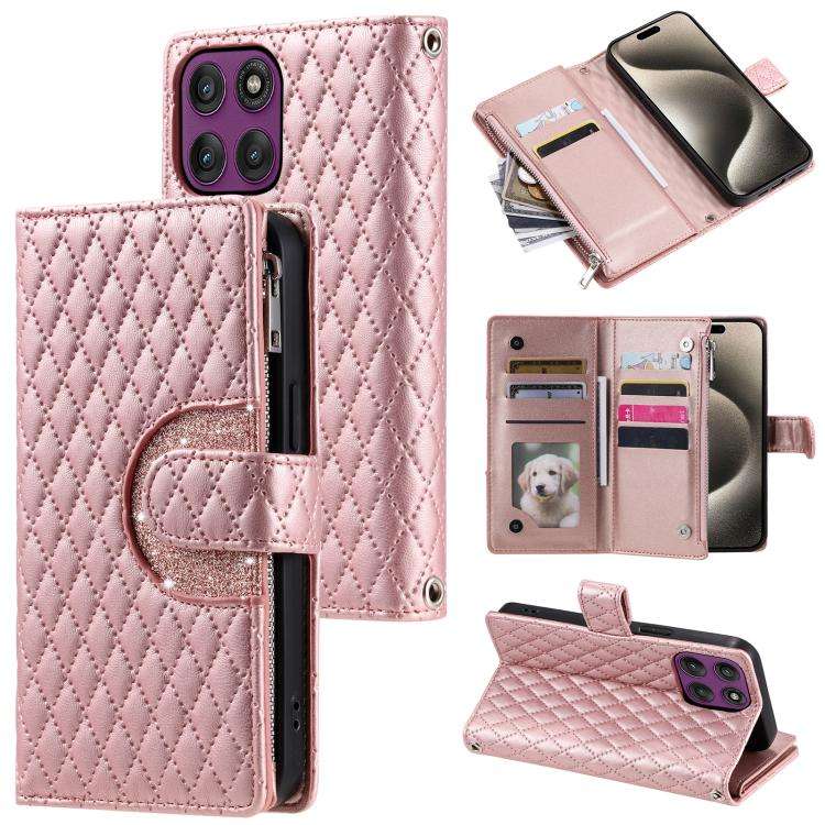 For Motorola Edge 60 Pro Glitter Lattice Zipper Wallet Leather Phone Case(Rose Gold)