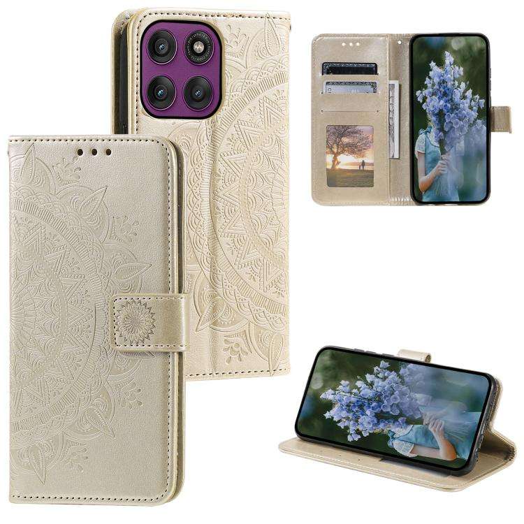 For Motorola Edge 60 Pro Totem Flower Embossed Leather Phone Case with Lanyard(Gold)