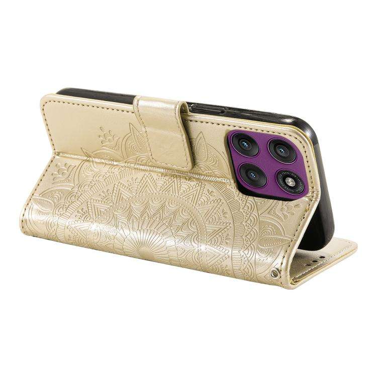 For Motorola Edge 60 Pro Totem Flower Embossed Leather Phone Case with Lanyard(Gold)