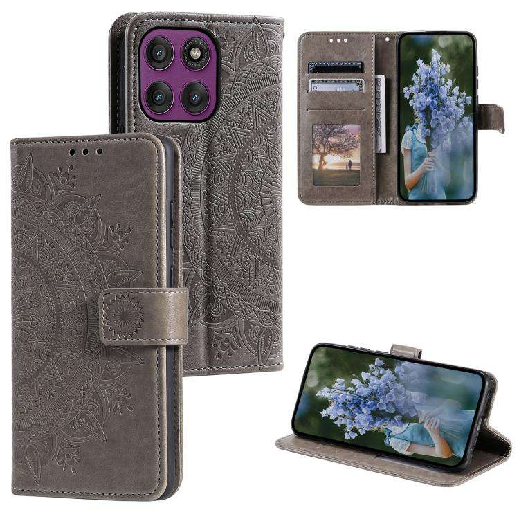For Motorola Edge 60 Pro Totem Flower Embossed Leather Phone Case with Lanyard(Grey)