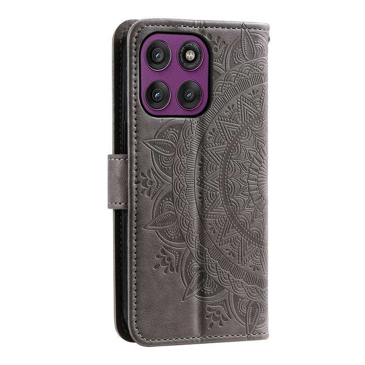 For Motorola Edge 60 Pro Totem Flower Embossed Leather Phone Case with Lanyard(Grey)