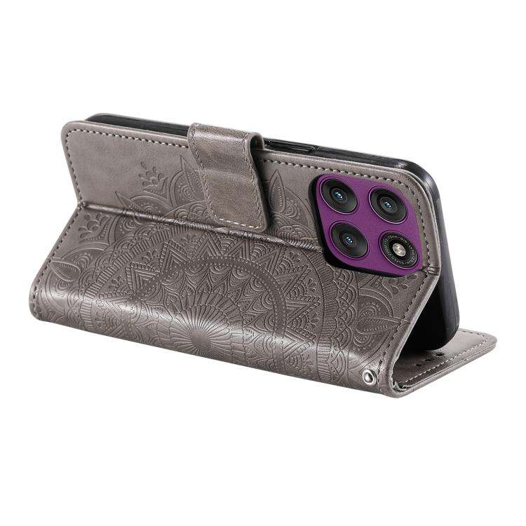 For Motorola Edge 60 Pro Totem Flower Embossed Leather Phone Case with Lanyard(Grey)