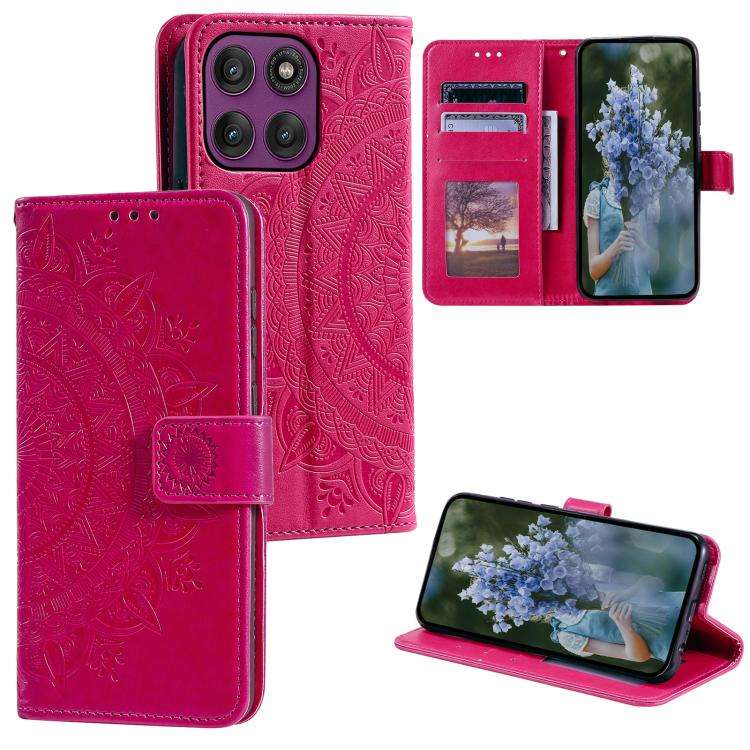For Motorola Edge 60 Pro Totem Flower Embossed Leather Phone Case with Lanyard(Red)