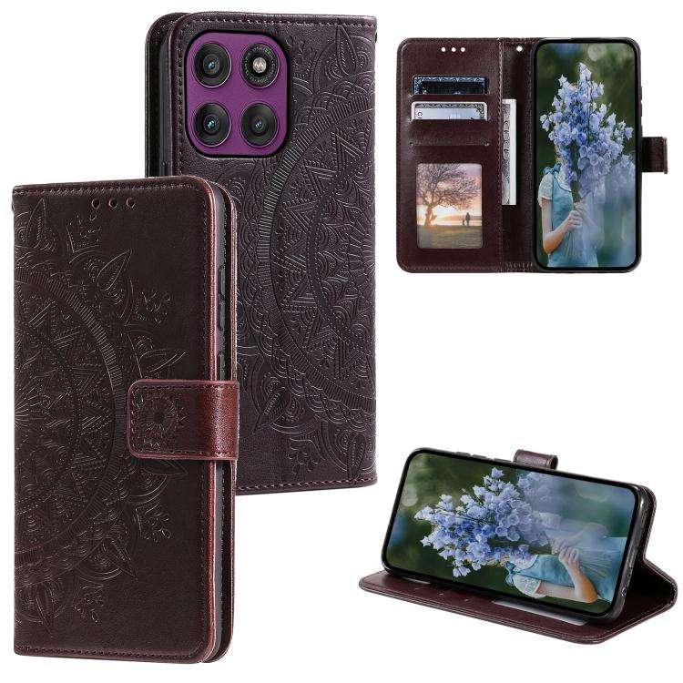 For Motorola Edge 60 Pro Totem Flower Embossed Leather Phone Case with Lanyard(Brown)