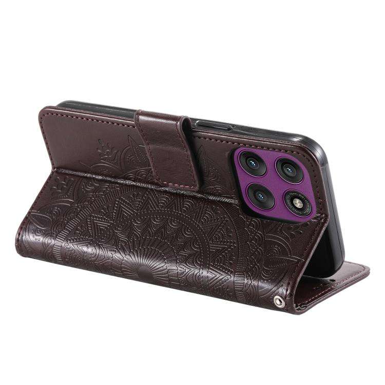 For Motorola Edge 60 Pro Totem Flower Embossed Leather Phone Case with Lanyard(Brown)