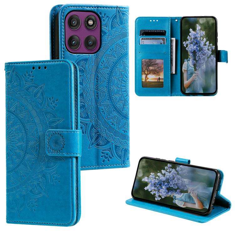 For Motorola Edge 60 Pro Totem Flower Embossed Leather Phone Case with Lanyard(Blue)