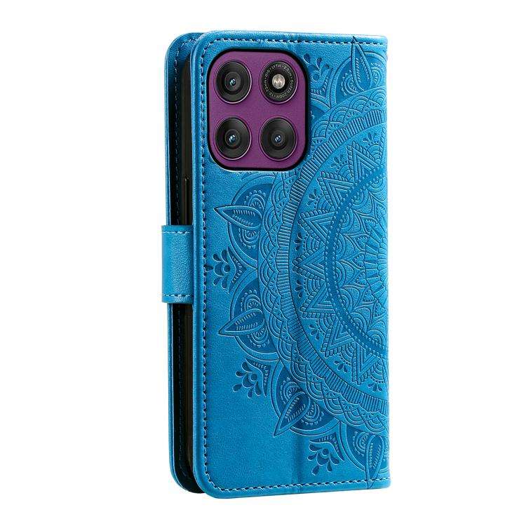 For Motorola Edge 60 Pro Totem Flower Embossed Leather Phone Case with Lanyard(Blue)