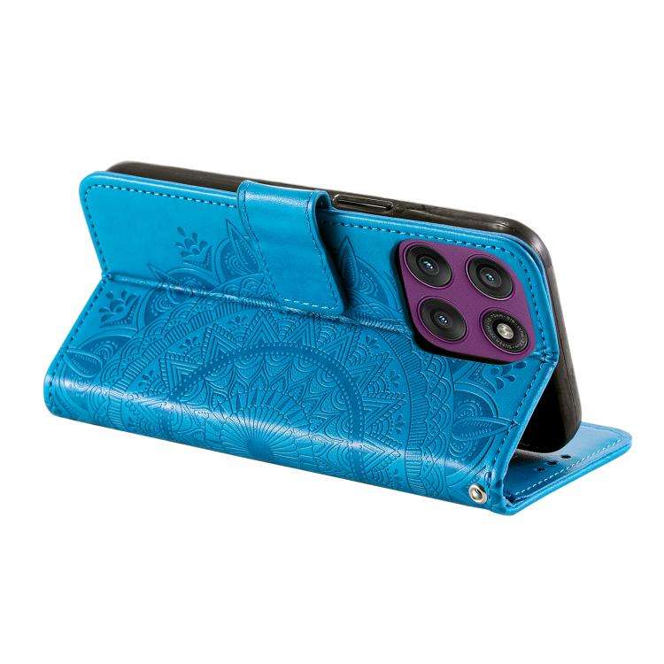 For Motorola Edge 60 Pro Totem Flower Embossed Leather Phone Case with Lanyard(Blue)