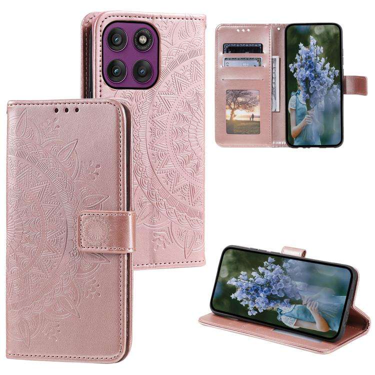 For Motorola Edge 60 Pro Totem Flower Embossed Leather Phone Case with Lanyard(Rose Gold)