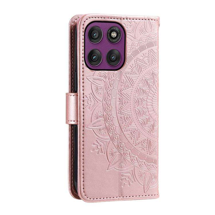 For Motorola Edge 60 Pro Totem Flower Embossed Leather Phone Case with Lanyard(Rose Gold)