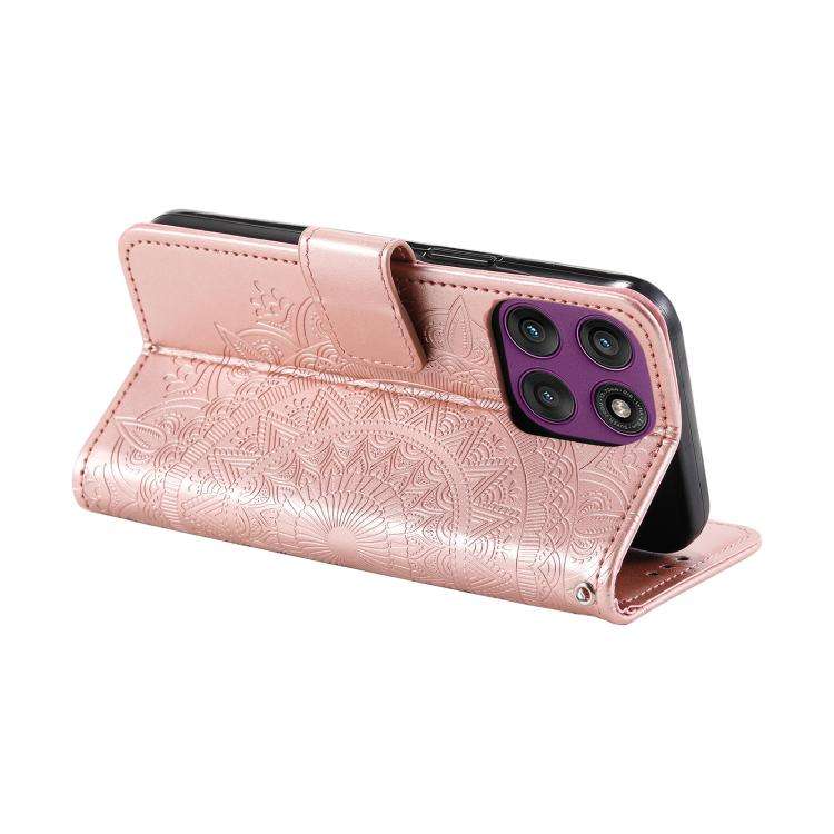 For Motorola Edge 60 Pro Totem Flower Embossed Leather Phone Case with Lanyard(Rose Gold)