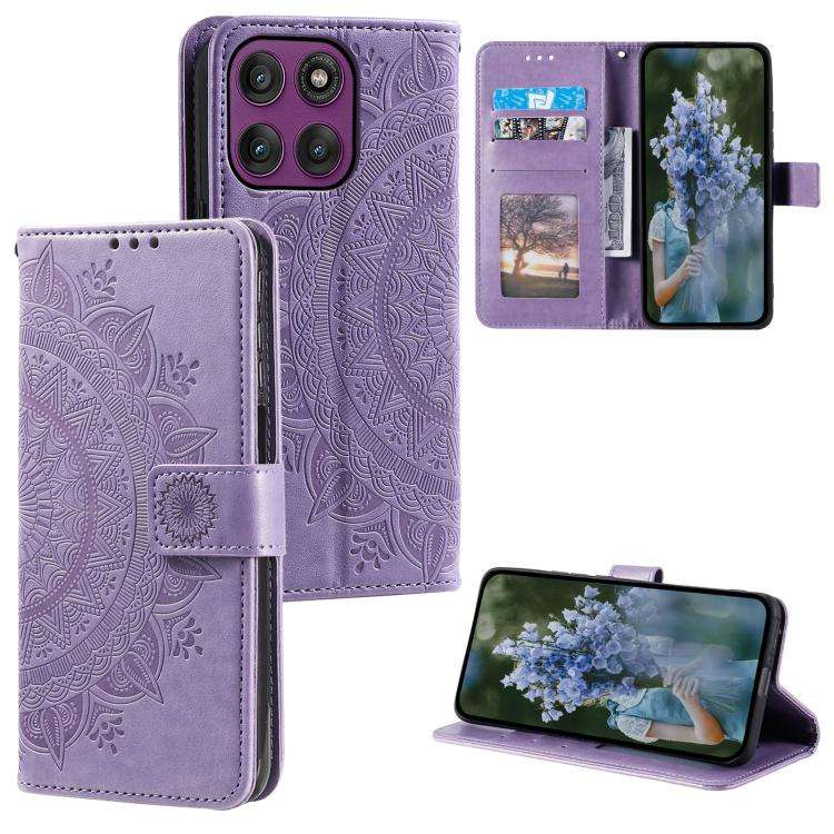 For Motorola Edge 60 Pro Totem Flower Embossed Leather Phone Case with Lanyard(Purple)