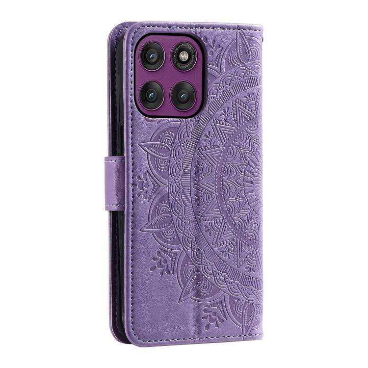 For Motorola Edge 60 Pro Totem Flower Embossed Leather Phone Case with Lanyard(Purple)