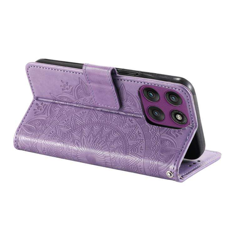 For Motorola Edge 60 Pro Totem Flower Embossed Leather Phone Case with Lanyard(Purple)