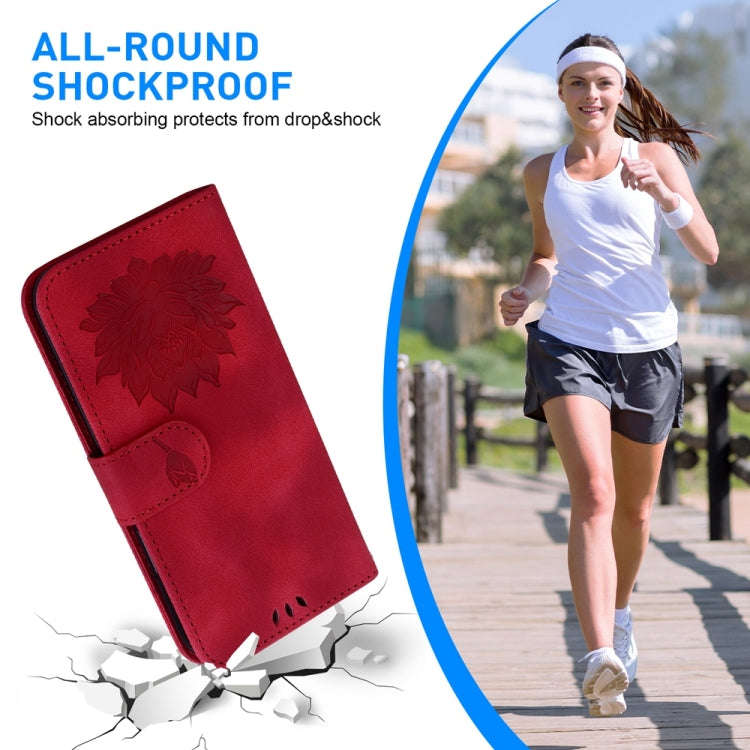 For Motorola Moto G04s / Moto E14 Lotus Embossed Leather Phone Case(Red)