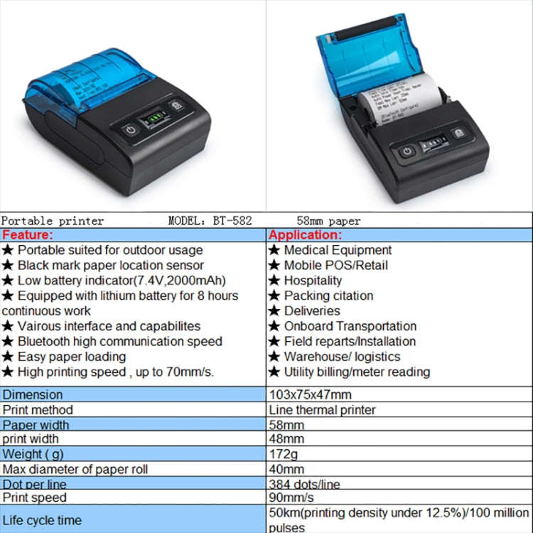 BT-582 58mm Type-C + Bluetooth Portable Thermal Printer(US Plug)