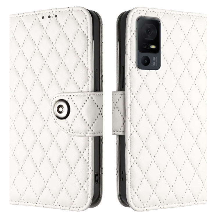 For TCL 40 XL / 40 T T608DL Rhombic Texture Flip Leather Phone Case with Lanyard(White)
