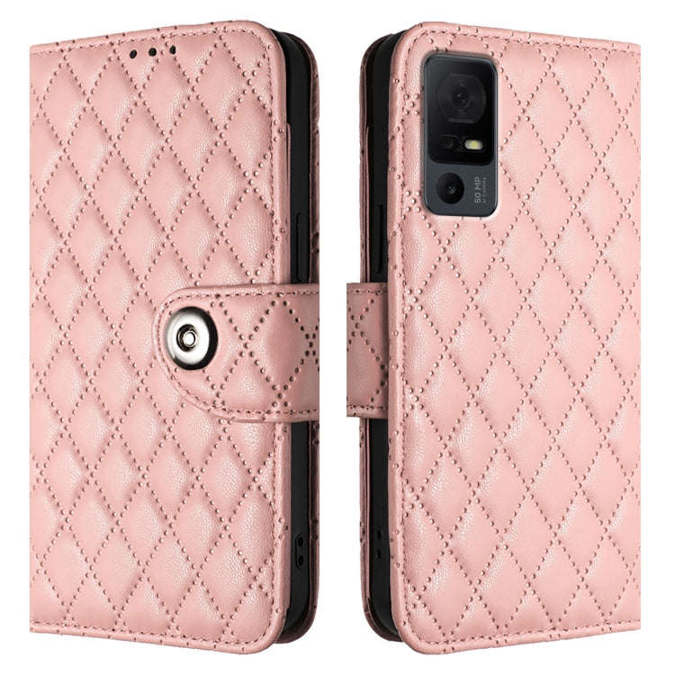 For TCL 40 XL / 40 T T608DL Rhombic Texture Flip Leather Phone Case with Lanyard(Coral Pink)