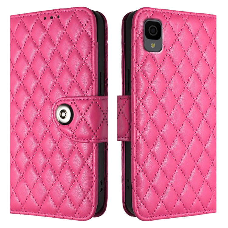 For TCL 30Z T602DL Rhombic Texture Flip Leather Phone Case with Lanyard(Rose Red)