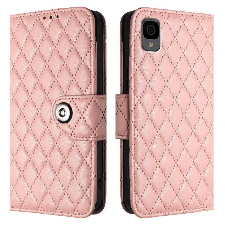 For TCL 30Z T602DL Rhombic Texture Flip Leather Phone Case with Lanyard(Coral Pink)