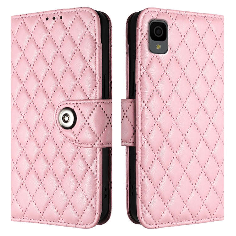 For TCL 30Z T602DL Rhombic Texture Flip Leather Phone Case with Lanyard(Pink)