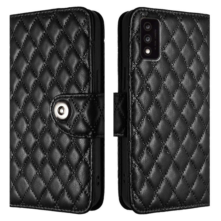 For TCL 30T T603DL Rhombic Texture Flip Leather Phone Case with Lanyard(Black)