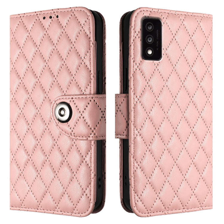 For TCL 30T T603DL Rhombic Texture Flip Leather Phone Case with Lanyard(Coral Pink)