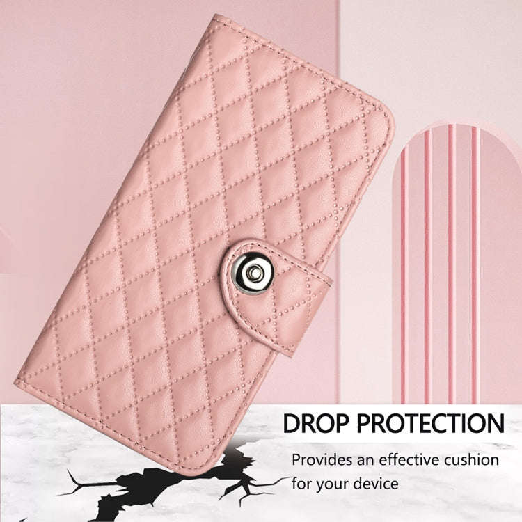 For TCL 30T T603DL Rhombic Texture Flip Leather Phone Case with Lanyard(Coral Pink)