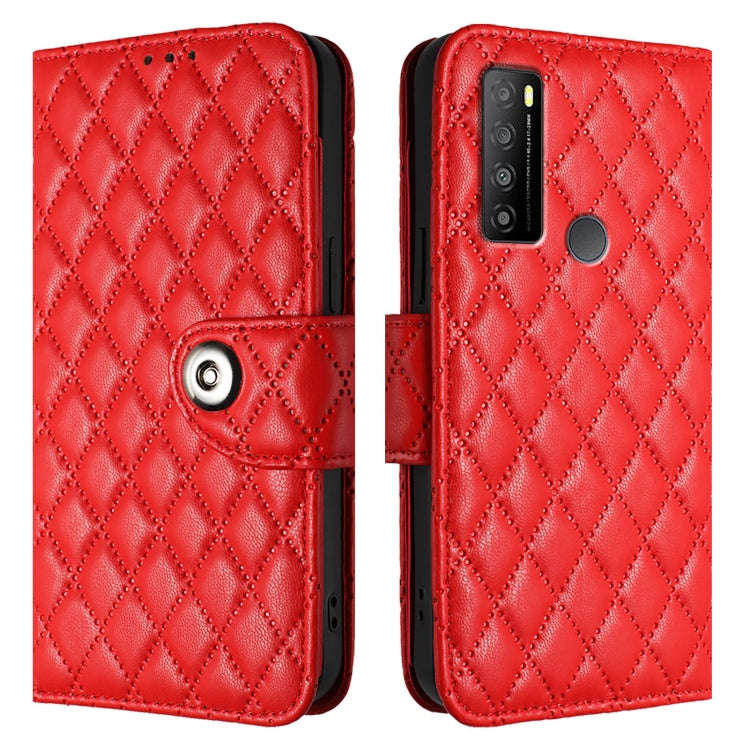 For TCL 30 XL T701DL Rhombic Texture Flip Leather Phone Case with Lanyard(Red)