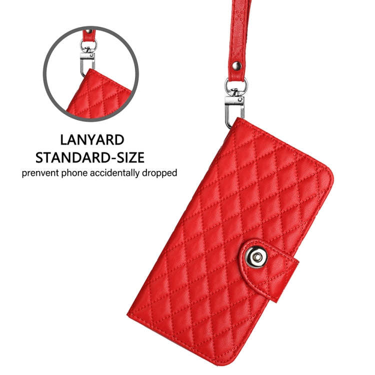 For TCL 30 XL T701DL Rhombic Texture Flip Leather Phone Case with Lanyard(Red)