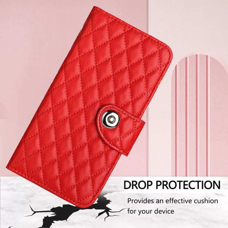 For TCL 30 XL T701DL Rhombic Texture Flip Leather Phone Case with Lanyard(Red)