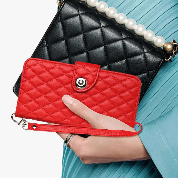 For TCL 30 XL T701DL Rhombic Texture Flip Leather Phone Case with Lanyard(Red)