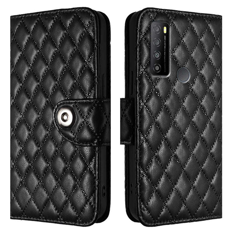 For TCL 30 XL T701DL Rhombic Texture Flip Leather Phone Case with Lanyard(Black)