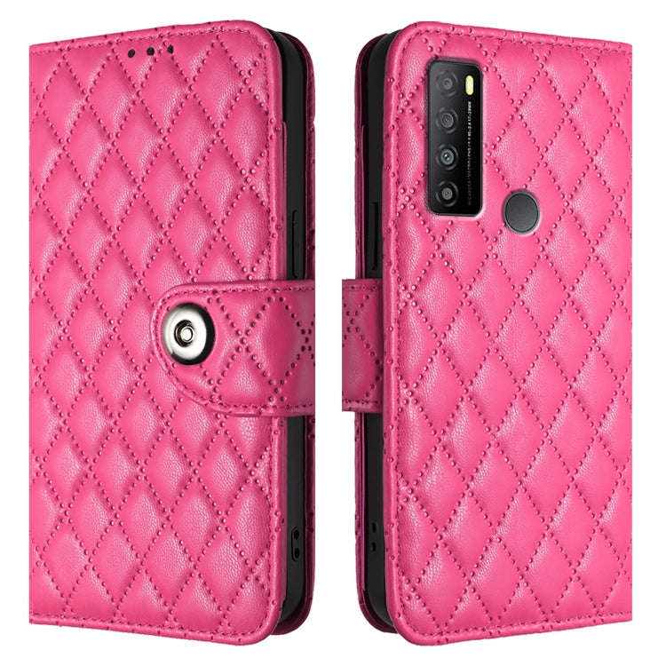 For TCL 30 XL T701DL Rhombic Texture Flip Leather Phone Case with Lanyard(Rose Red)