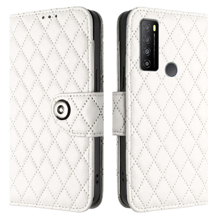 For TCL 30 XL T701DL Rhombic Texture Flip Leather Phone Case with Lanyard(White)