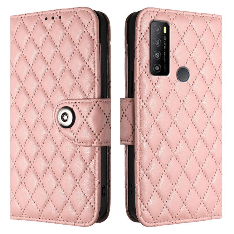 For TCL 30 XL T701DL Rhombic Texture Flip Leather Phone Case with Lanyard(Coral Pink)